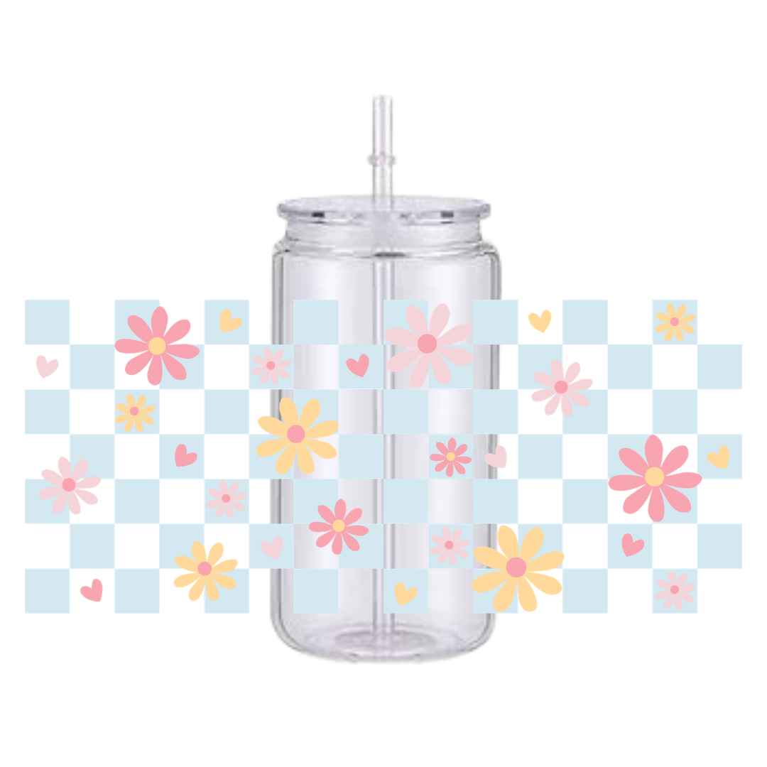 Floral Checkered Blue Plastic Tumbler