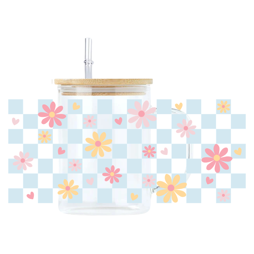 Floral Checkered Blue Glass Mug