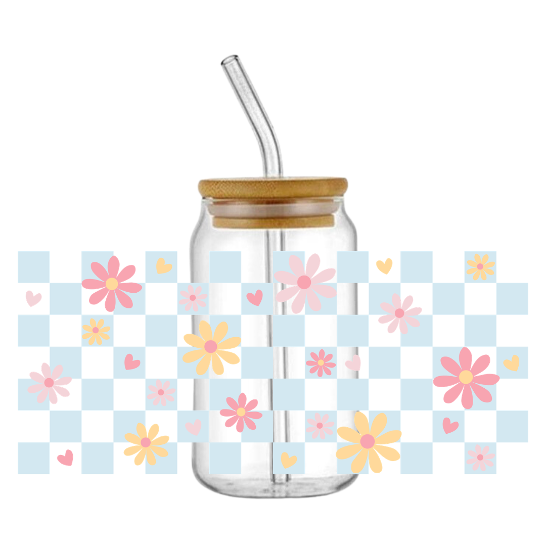 Floral Checkered Blue Glass Tumbler