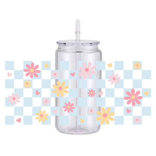 Floral Checkered Blue Plastic Tumbler