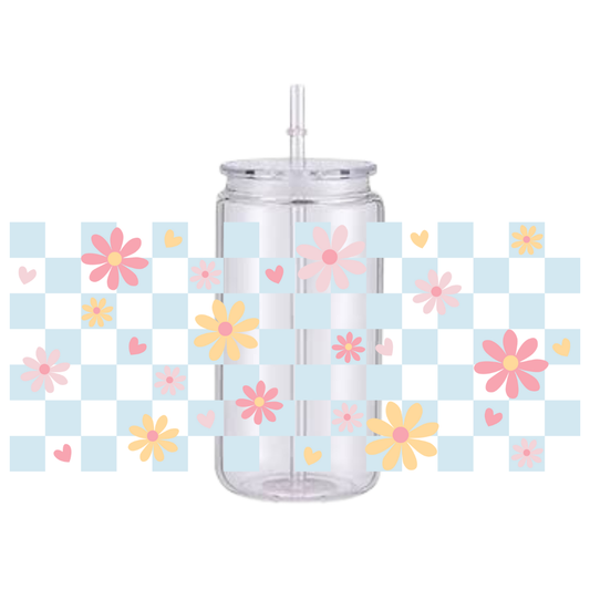 Floral Checkered Blue Plastic Tumbler