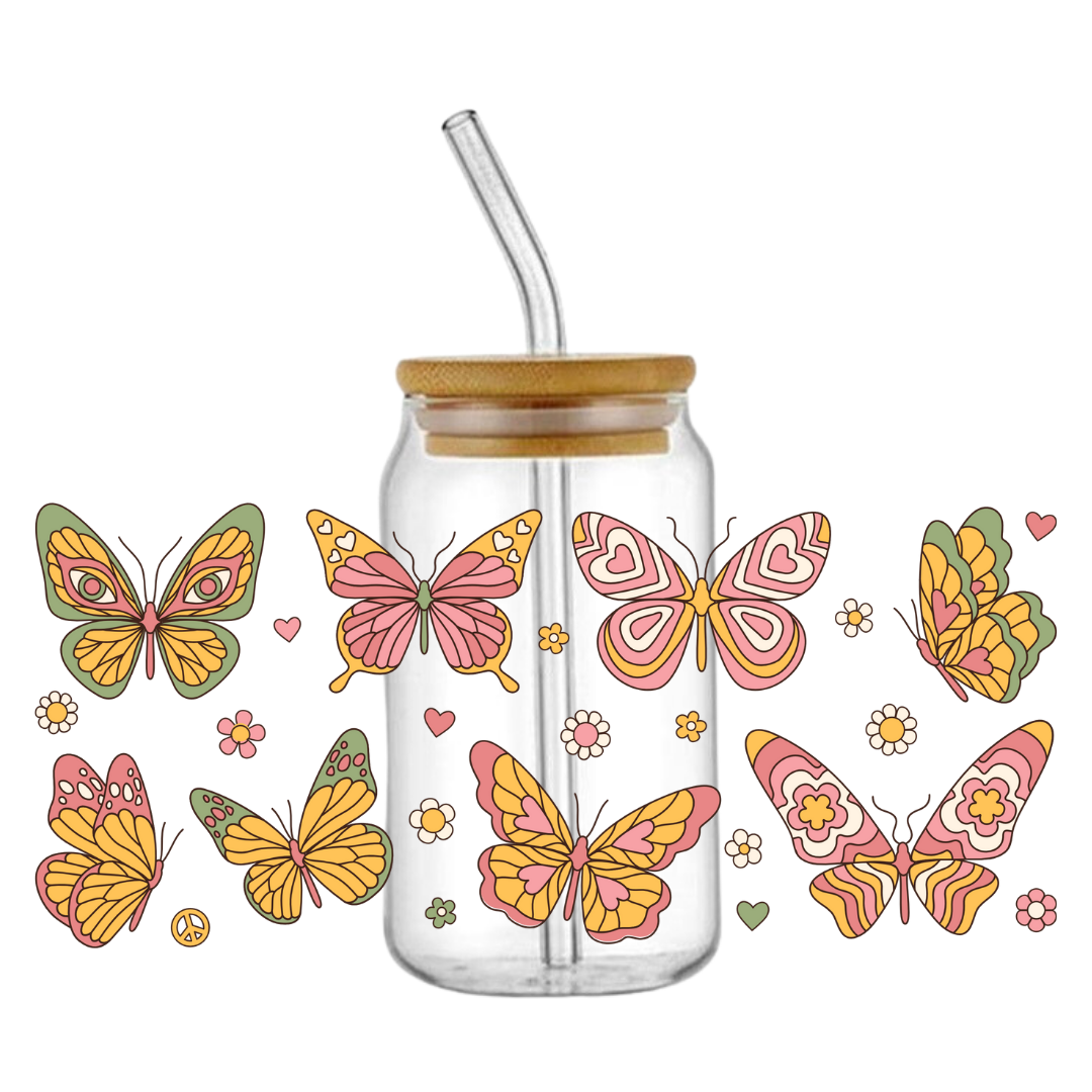 Groovy Butterfly Daisy Glass Tumbler