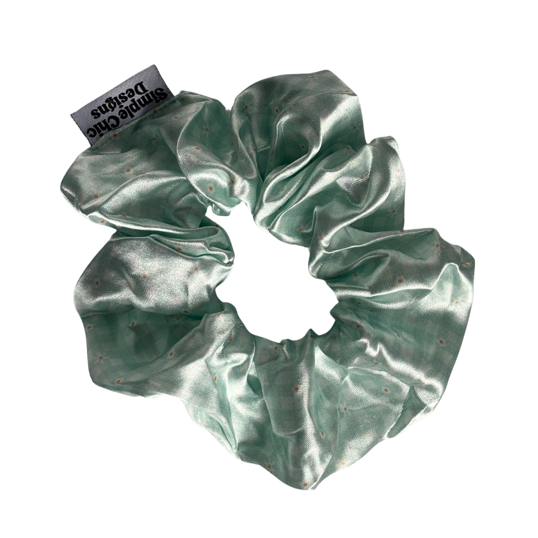 Aqua Flower Gingham Scrunchie