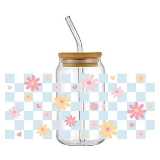 Floral Checkered Blue Glass Tumbler